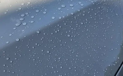 Water standing in tight beads across gray paint, photographed close